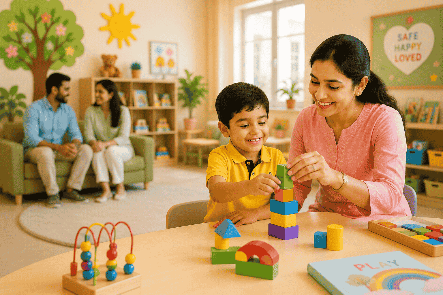 A warm, colourful Neev Batch classroom at Aarsh Institute