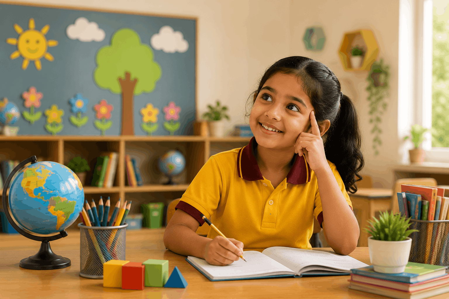 A cheerful Class 2 child with a school bag, books and pencils