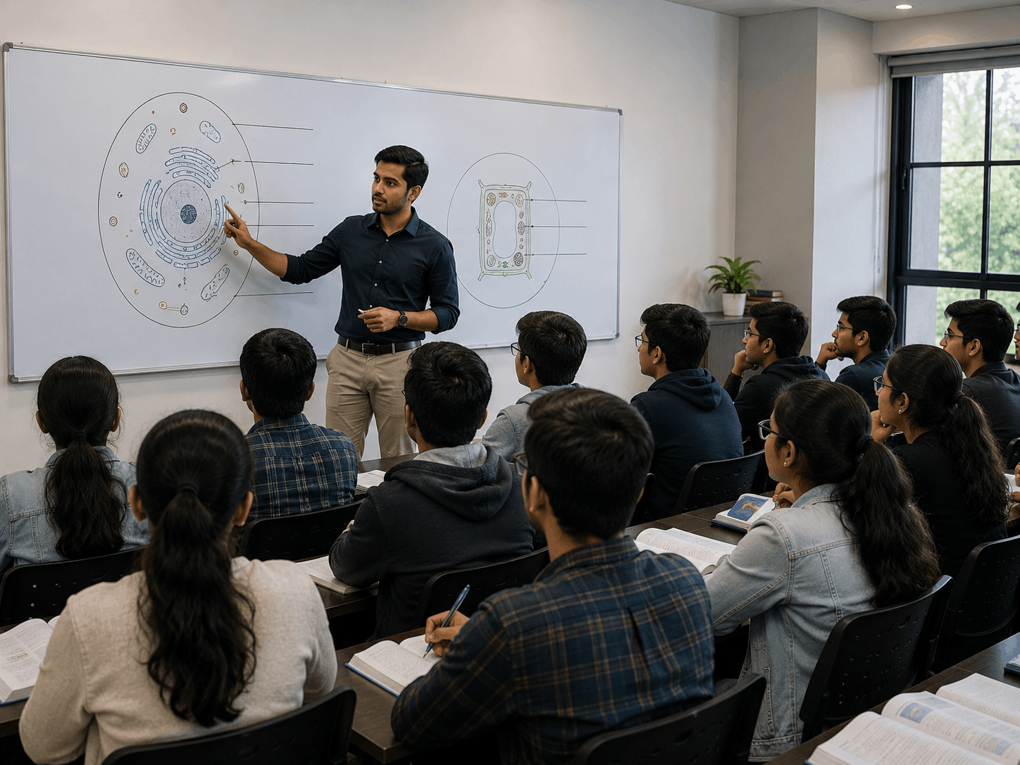 Faculty explaining a diagram to Class 11 Science students