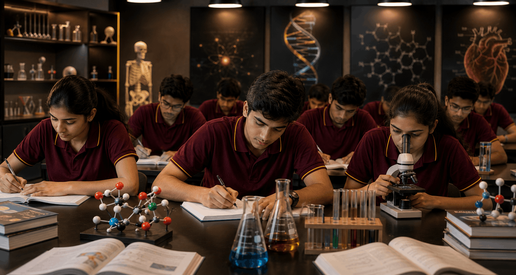 Class 11 Science students at Aarsh Institute preparing for NEET and JEE in a premium lab-facing classroom