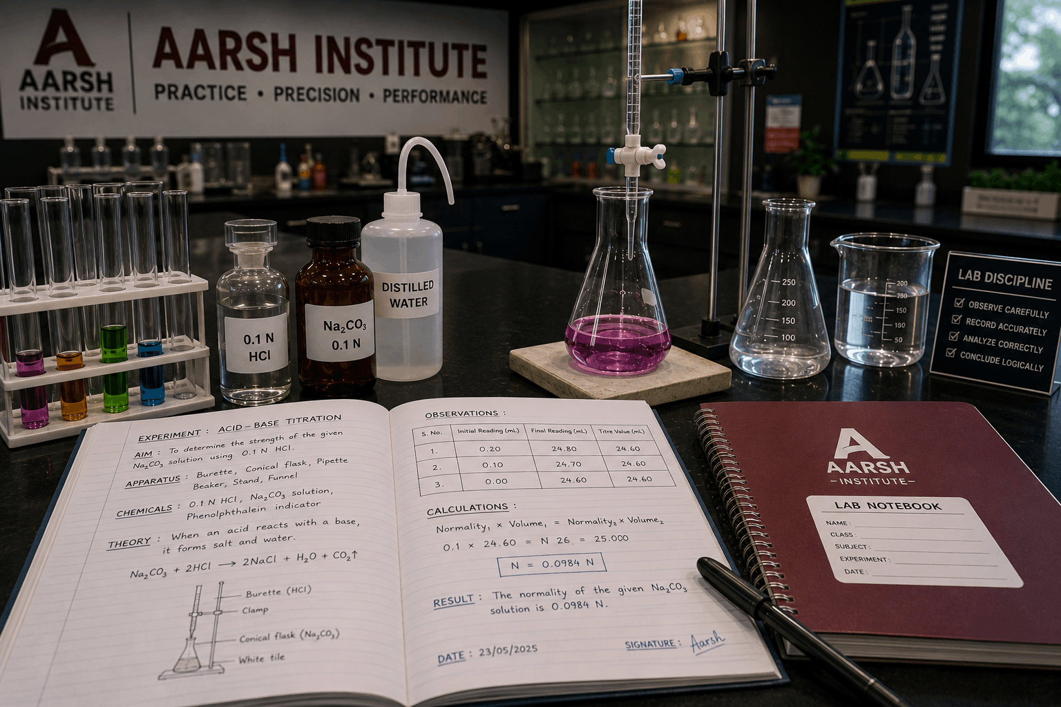 Lab notebook and apparatus setup at Aarsh Institute