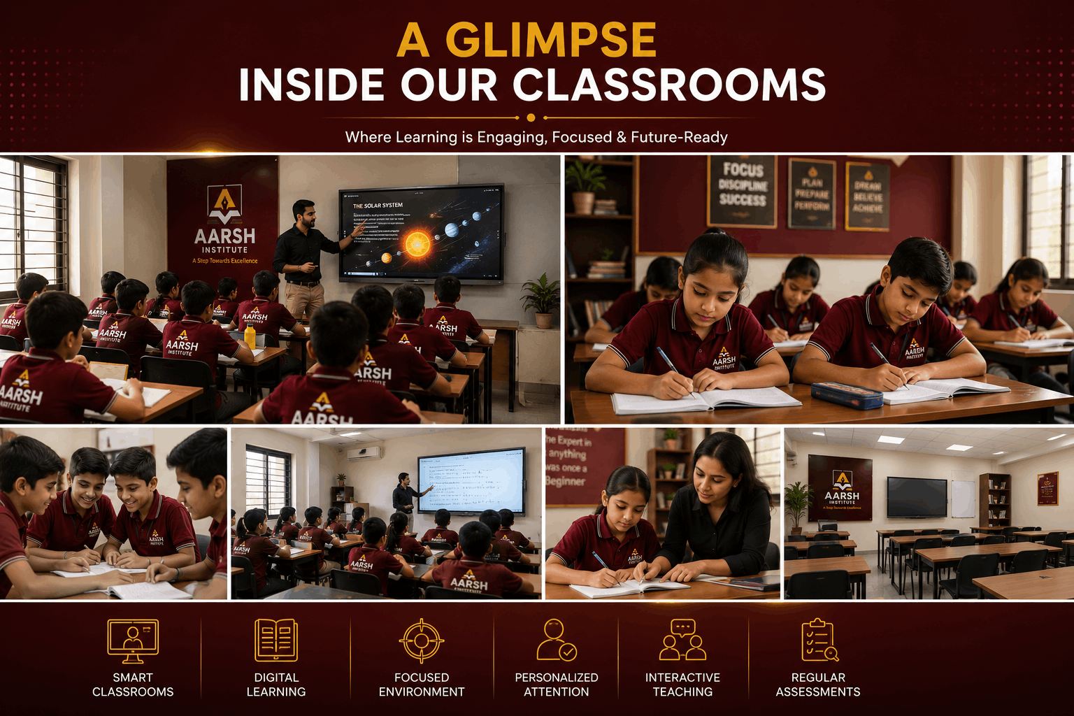 Class 6 students learning in the Aarsh Institute smart classroom